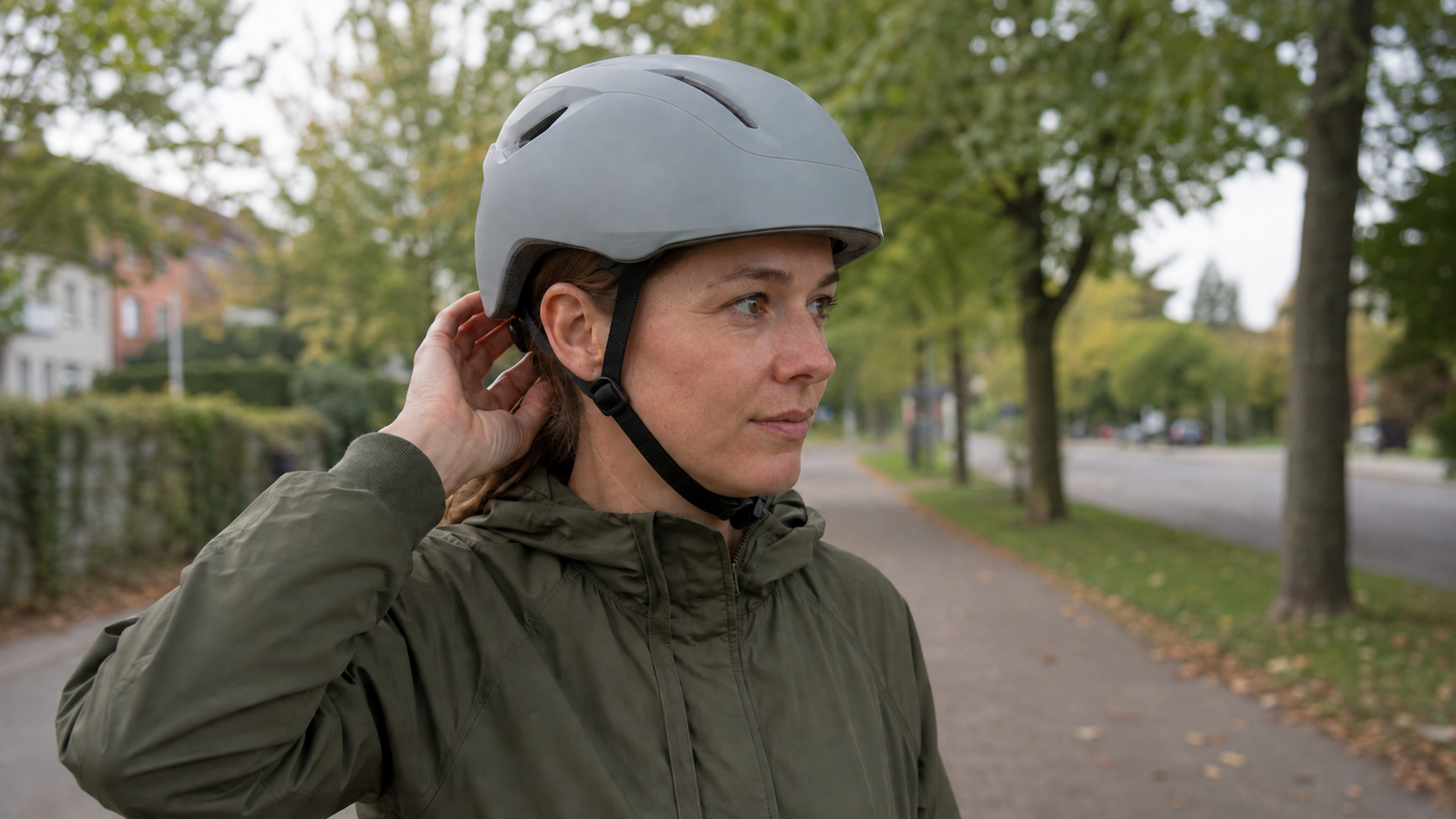 Pendlerin prüft den Sitz ihres Fahrradhelms vor der Abfahrt