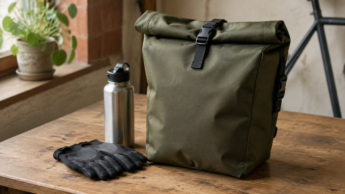 Fahrradtasche mit Handschuhen und Trinkflasche auf einem Tisch