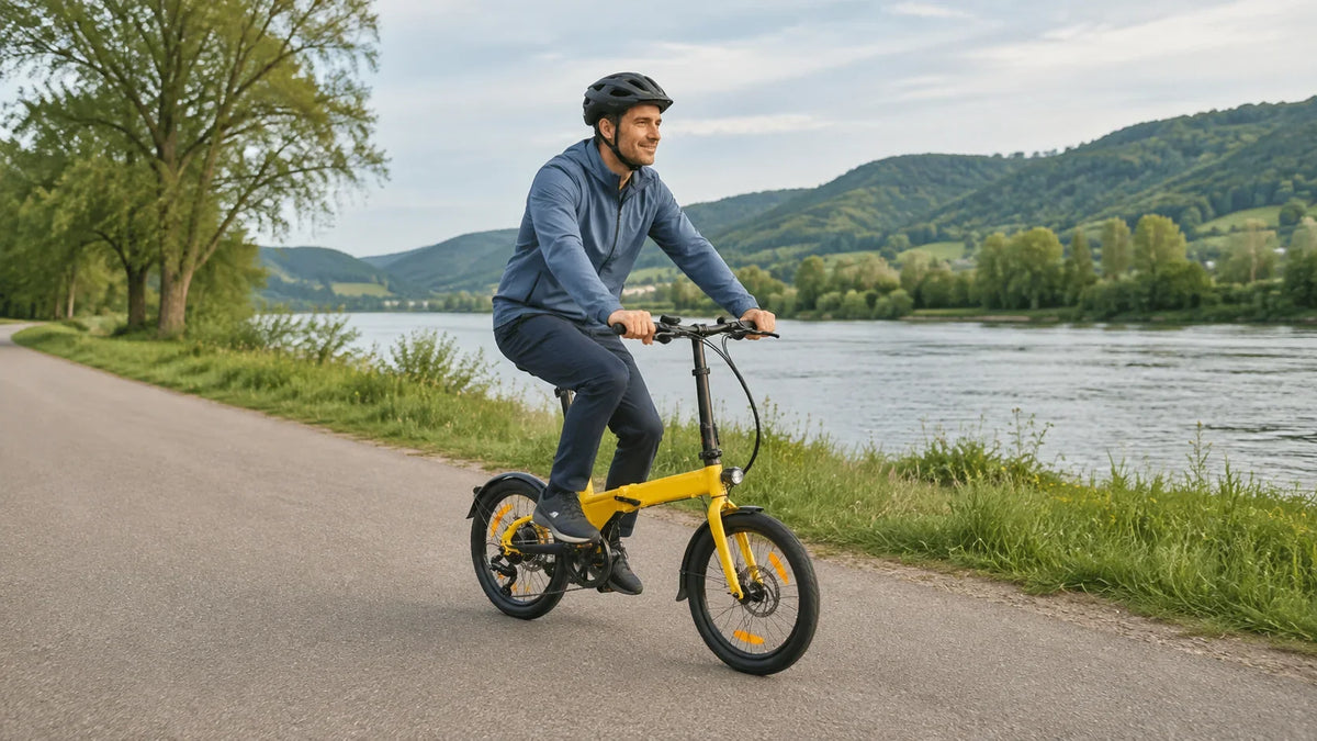 Radfahrer auf einem gelben Cyseekin C10 neben einem Fluss