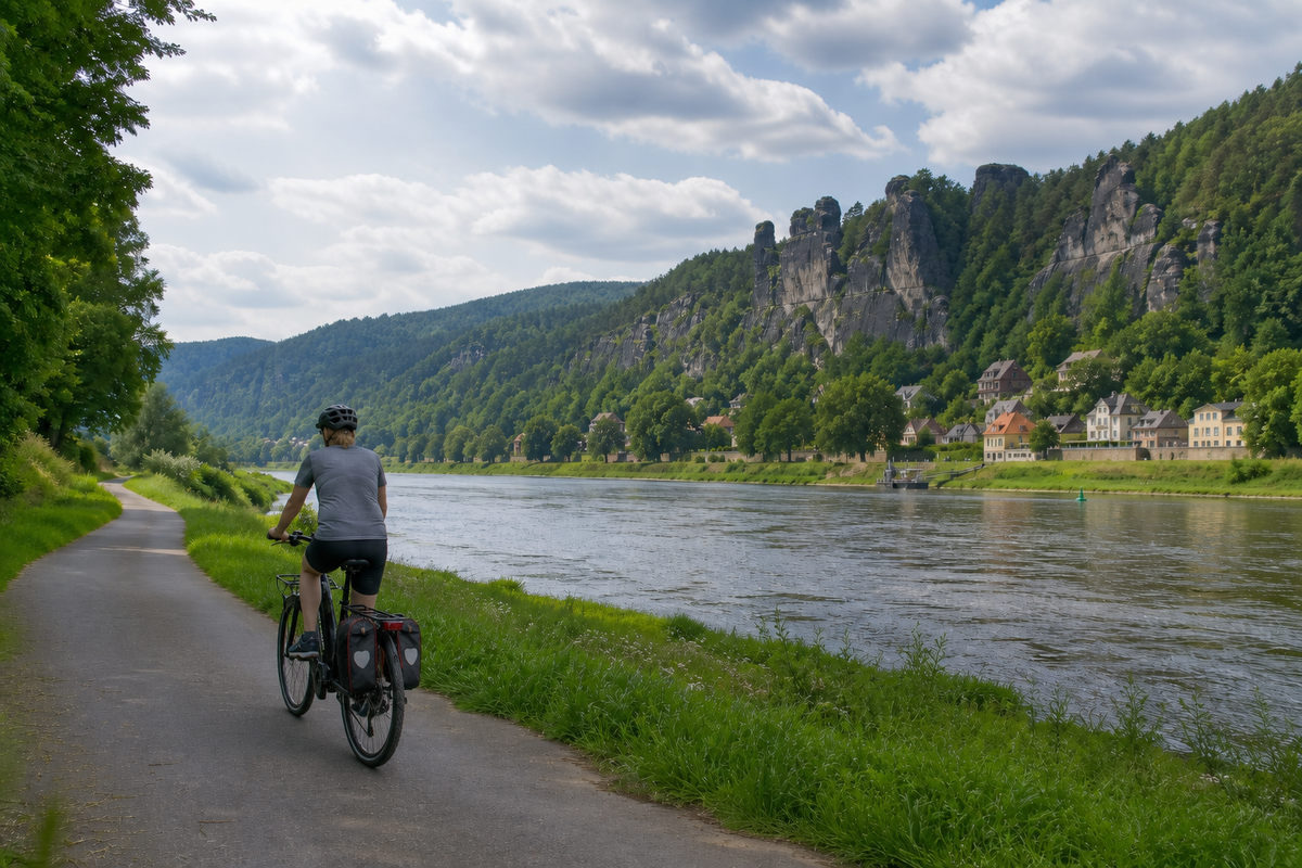 Cyseekin S10 auf einem asphaltierten Flussradweg vor Sandsteinfelsen