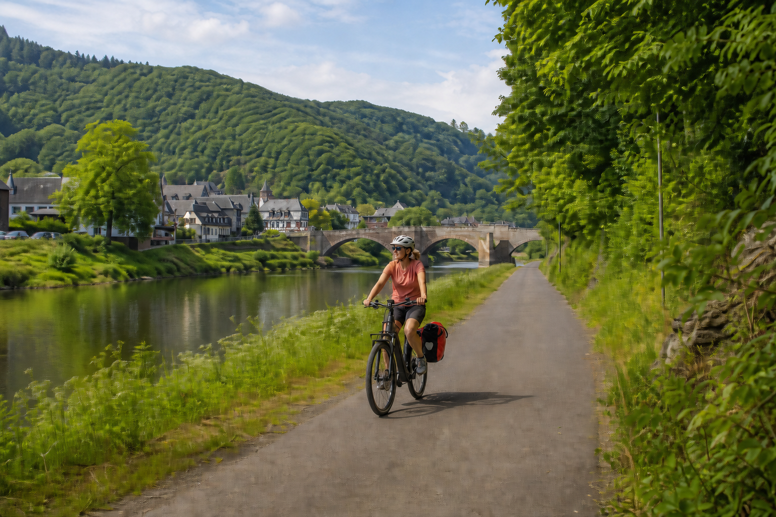 Cyseekin S10 auf einem asphaltierten Radweg in einem bewaldeten Flusstal