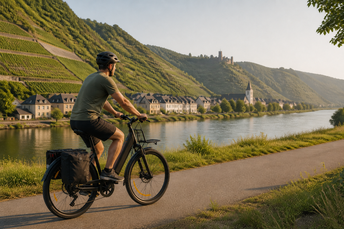 Cyseekin S10 auf einem asphaltierten Radweg zwischen Weinbergen