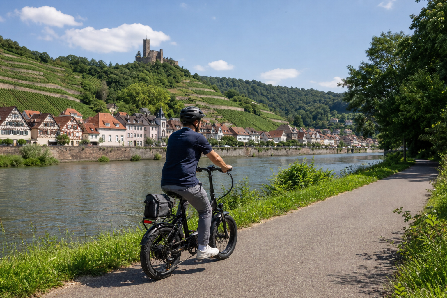 Cyseekin C20 auf einem befestigten Radweg in einem Flusstal