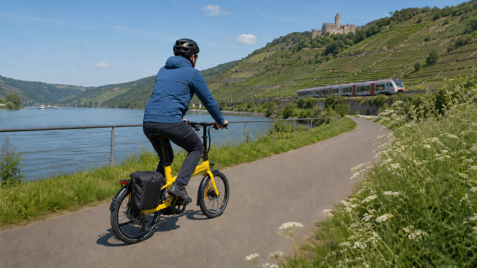 Cyseekin C10 auf einem asphaltierten Flussradweg mit Weinbergen und Regionalzug