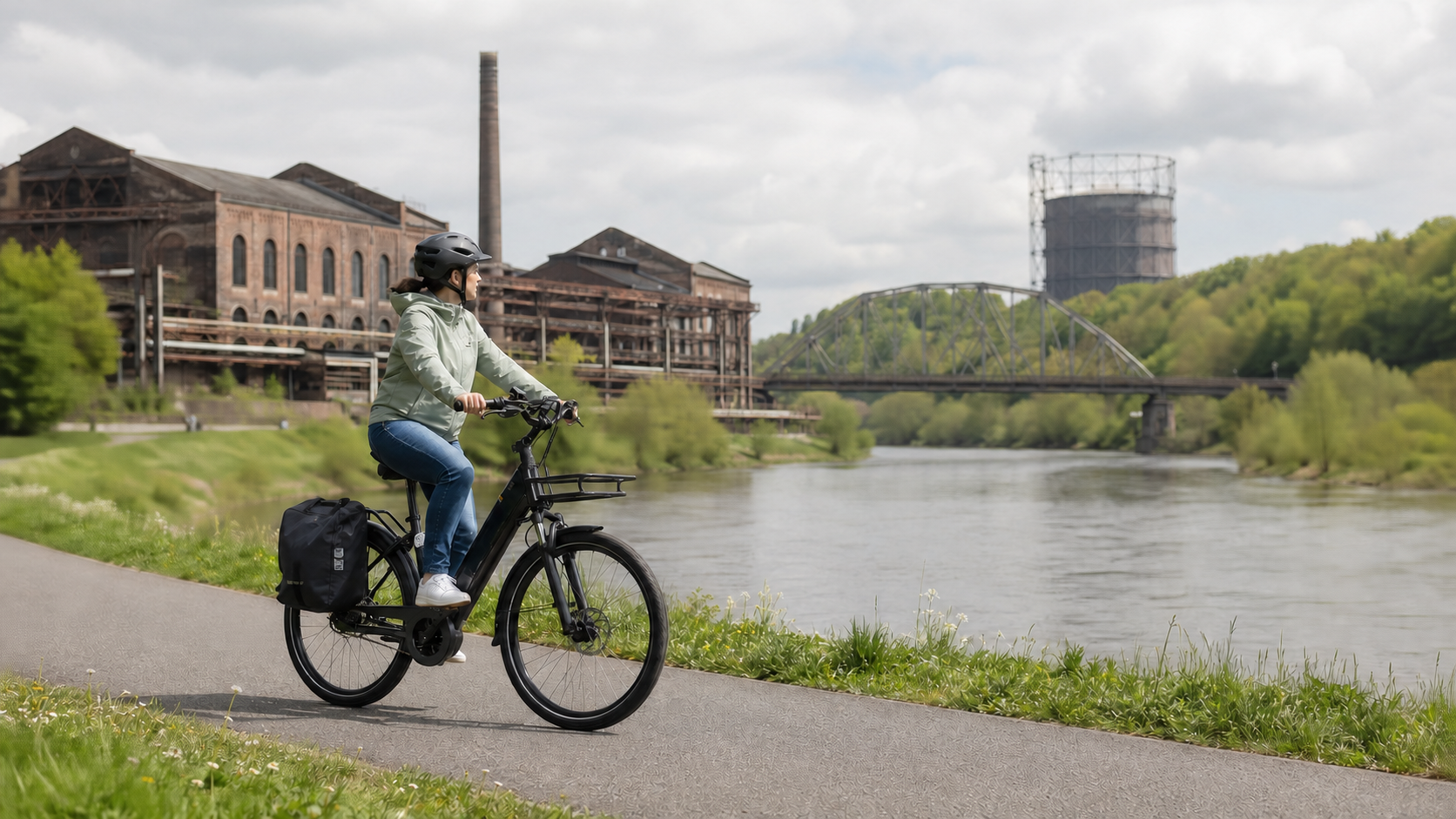 Cyseekin S10 auf einem asphaltierten Flussradweg vor einer Industriekulisse