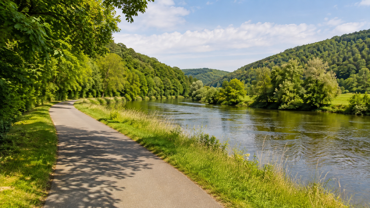 Asphaltierter Radweg neben einem Fluss in einem bewaldeten Tal