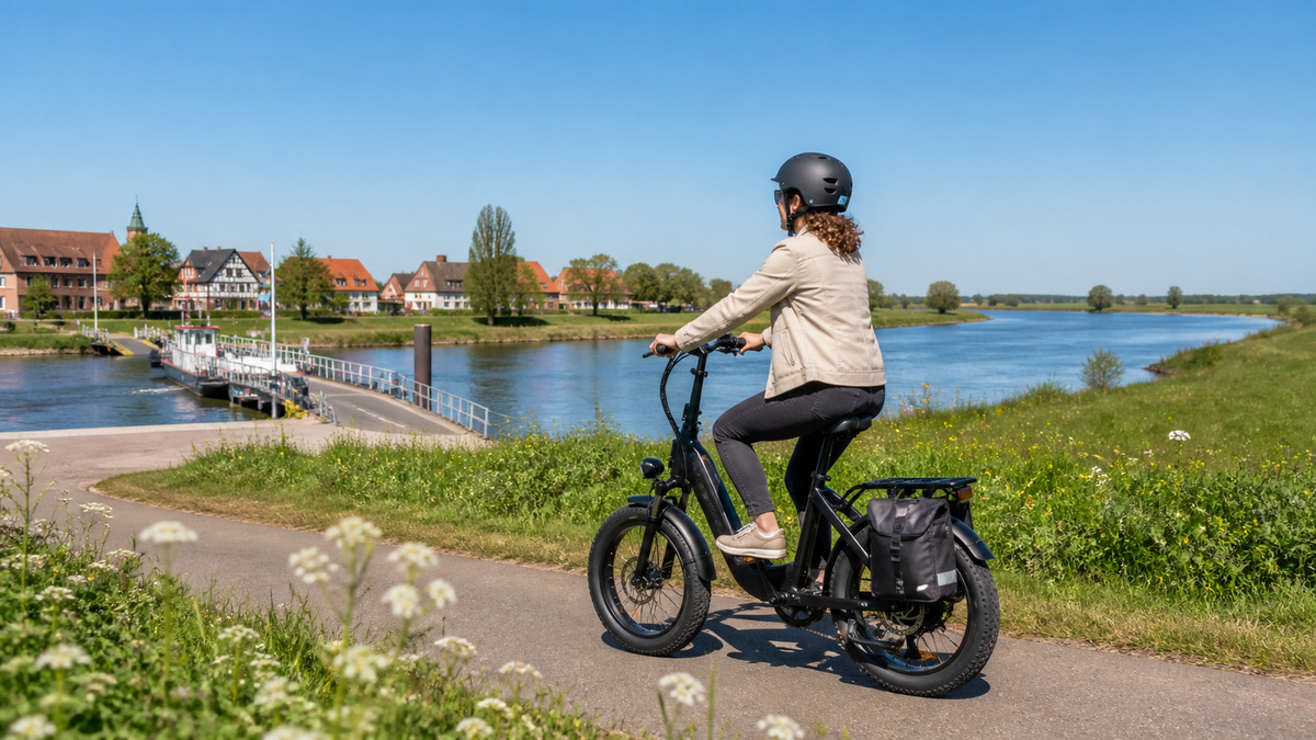 Cyseekin C20 auf einem befestigten Flussradweg nahe einer kleinen Fähre