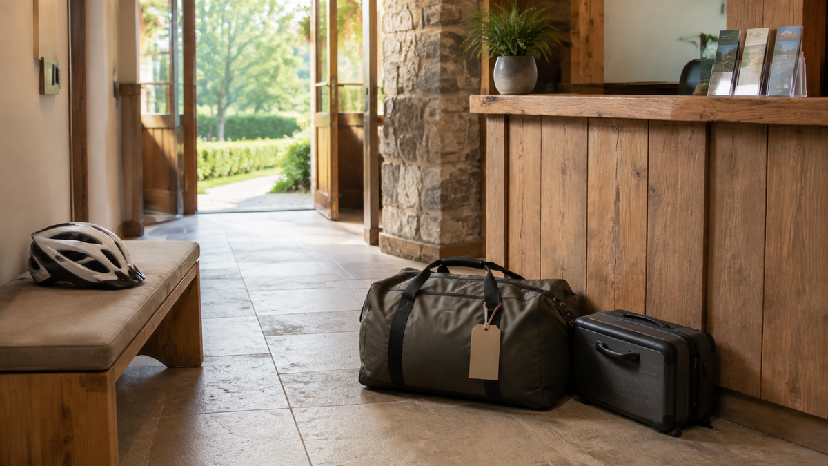 Eine Reisetasche und ein kleiner Hartschalenkoffer stehen neben einer Rezeption bereit