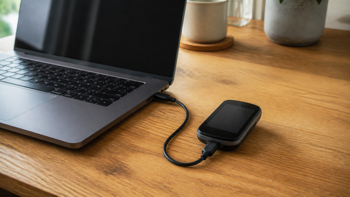 Laptop und eigenständiges Fahrrad-Navi sind auf einem Holztisch mit einem Kabel verbunden