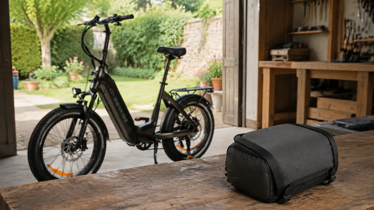 Eine dunkle Lenkertasche liegt auf einer Werkbank vor einem abgestellten E-Bike