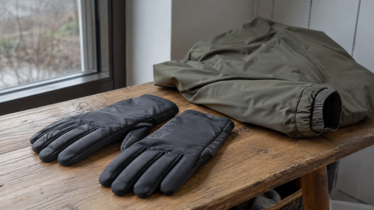 Dunkle Fünffingerhandschuhe liegen neben einer olivgrauen Jacke auf einer Holzbank