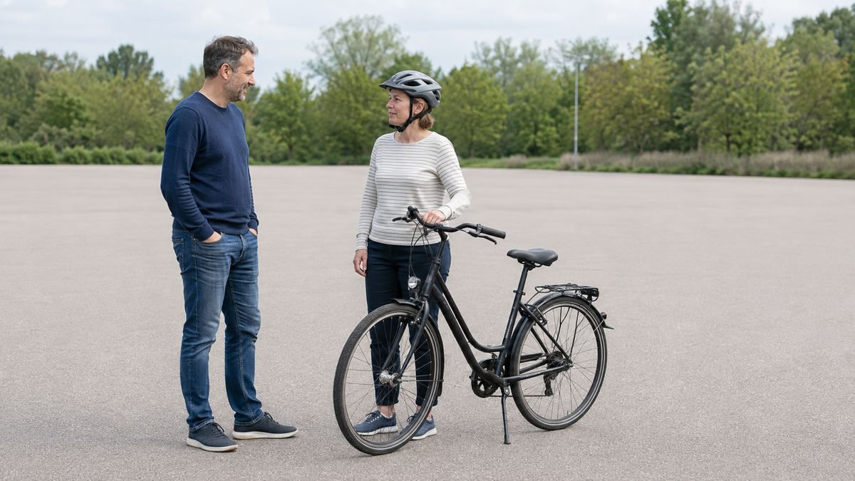 Zwei Erwachsene stehen neben einem Fahrrad mit tiefem Einstieg auf einem freien Platz