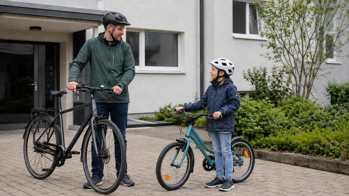 Ein Erwachsener und ein Kind stehen mit ihren Fahrrädern im Hof und sprechen miteinander