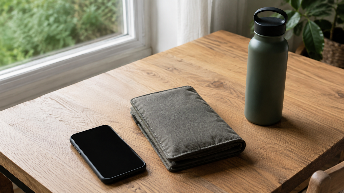 Smartphone mit schwarzem Bildschirm, Stoffmappe und Trinkflasche auf einem Holztisch
