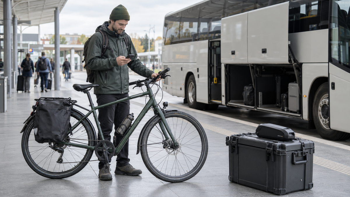 Reisender mit Fahrrad an einem neutralen Fernbusbahnhof
