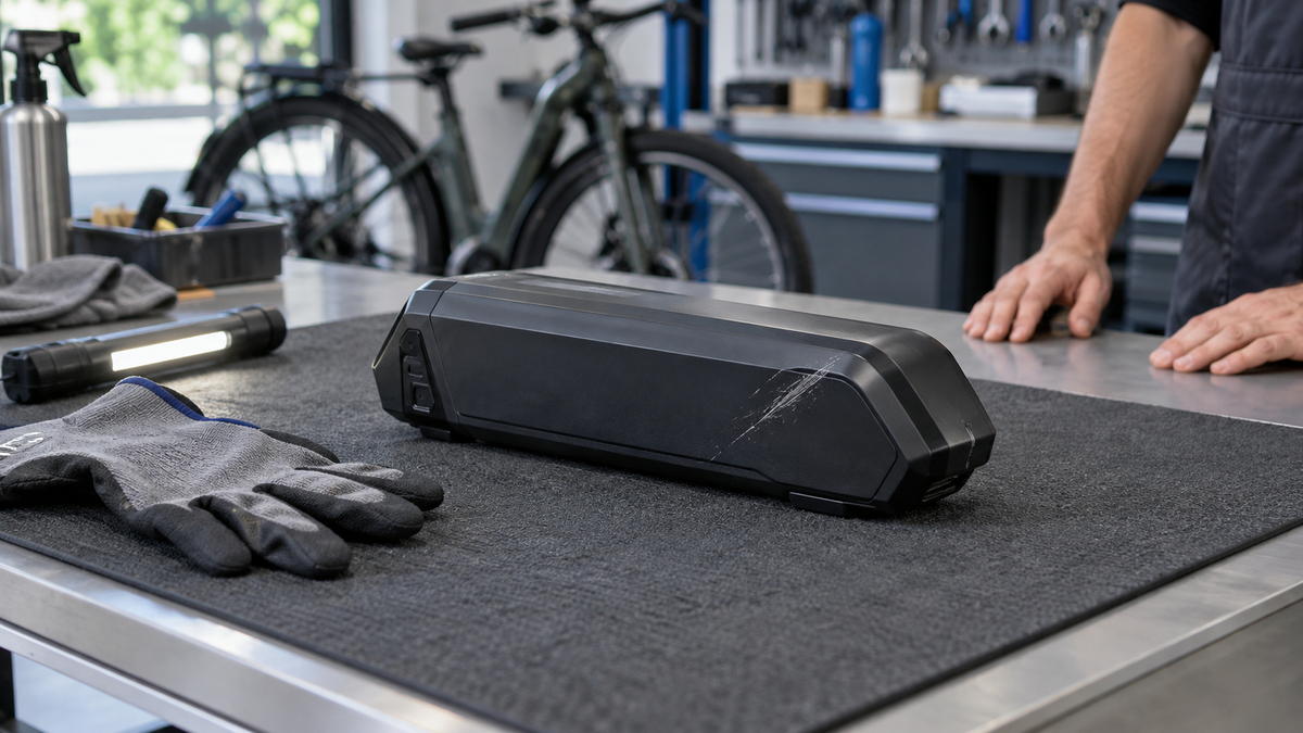 Beschädigter E-Bike-Akku zur sicheren Sichtprüfung auf einer Matte