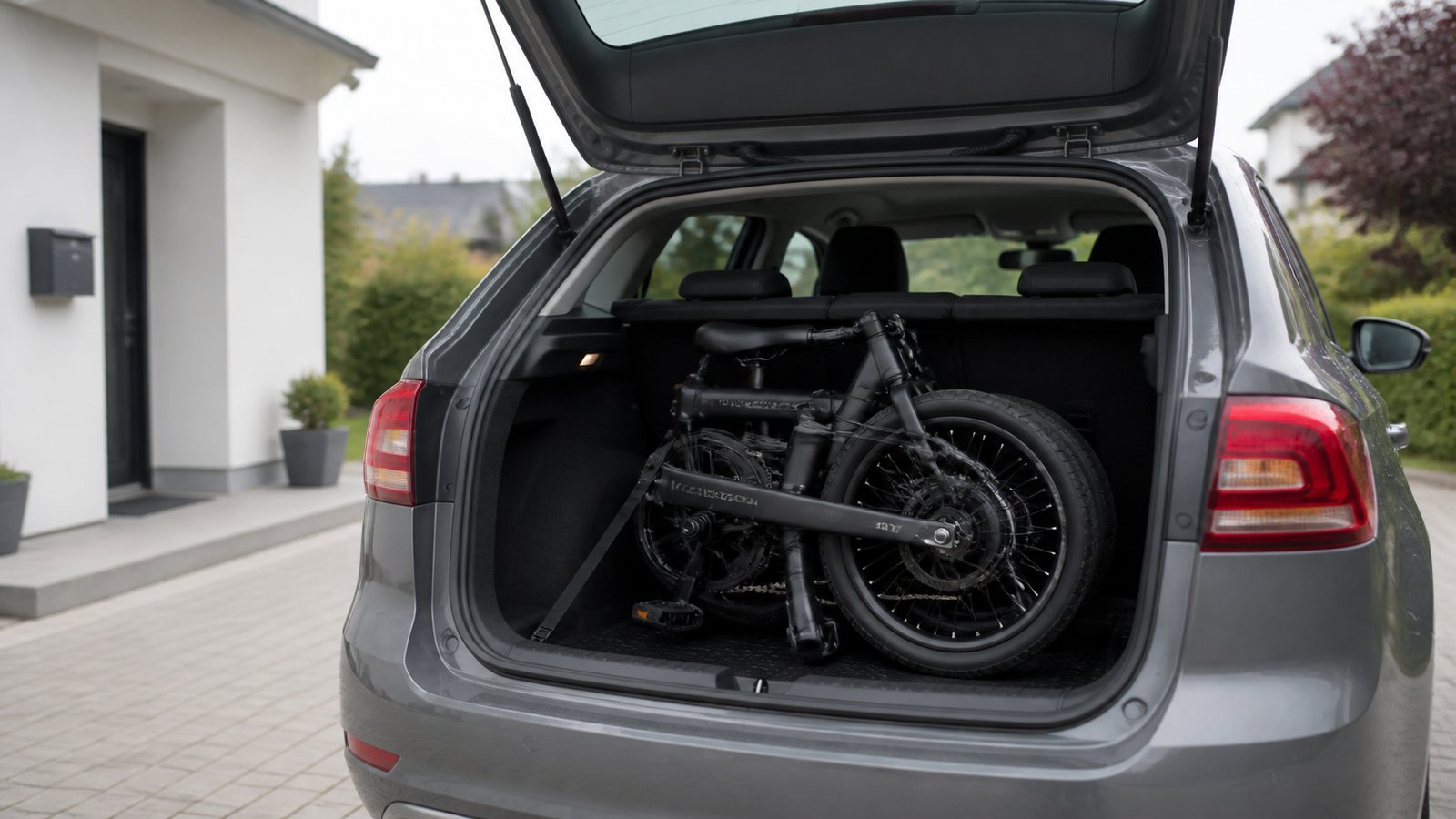 Schwarzes Cyseekin C10 Klapp-E-Bike sicher im Kofferraum eines Autos verstaut