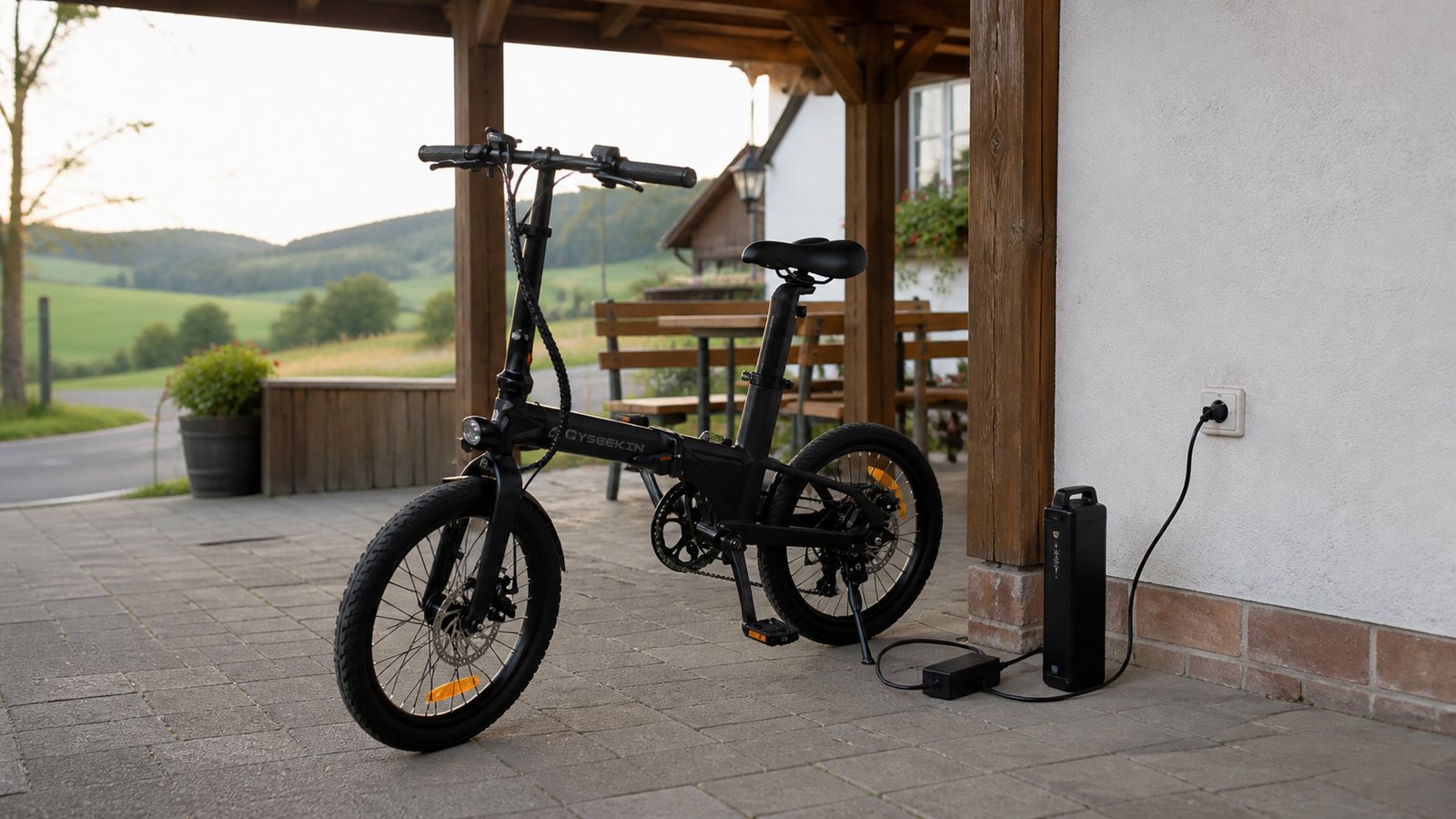 Schwarzes Cyseekin C10 E-Bike an einer trockenen Ladestation während einer Radtour