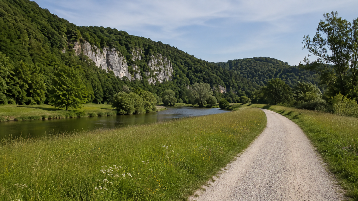 Heller Schotterweg neben einem Fluss mit bewaldeten Kalksteinhängen.