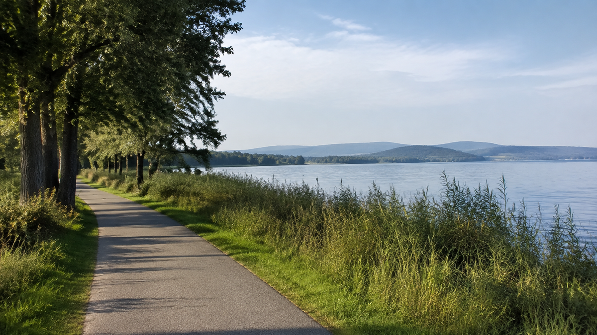 Asphaltierter Radweg zwischen Bäumen und Schilf am Seeufer.
