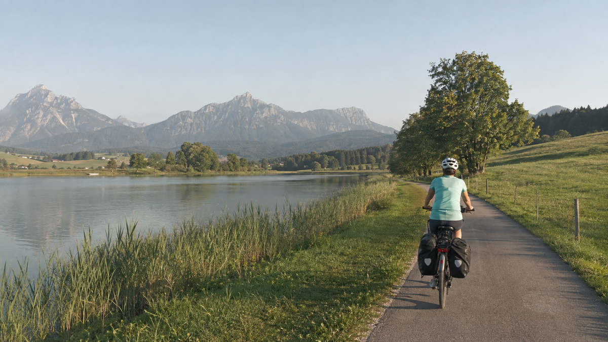 Radreisende Person auf einem Weg am See vor grüner Voralpenlandschaft.