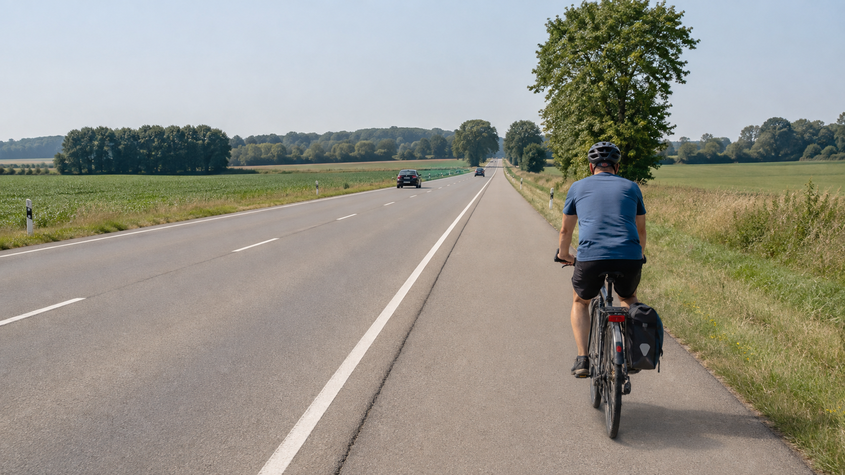Radfahrer nutzt einen breiten Seitenstreifen an einer Landstraße