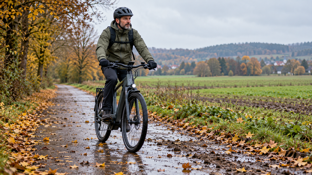 E-Bike-Fahrer passiert langsam nasses Herbstlaub auf einem Radweg