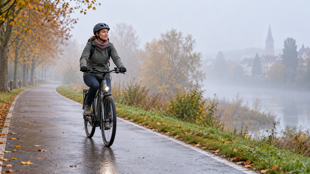 E-Bike-Fahrerin mit eingeschaltetem Licht auf einem nebligen Radweg