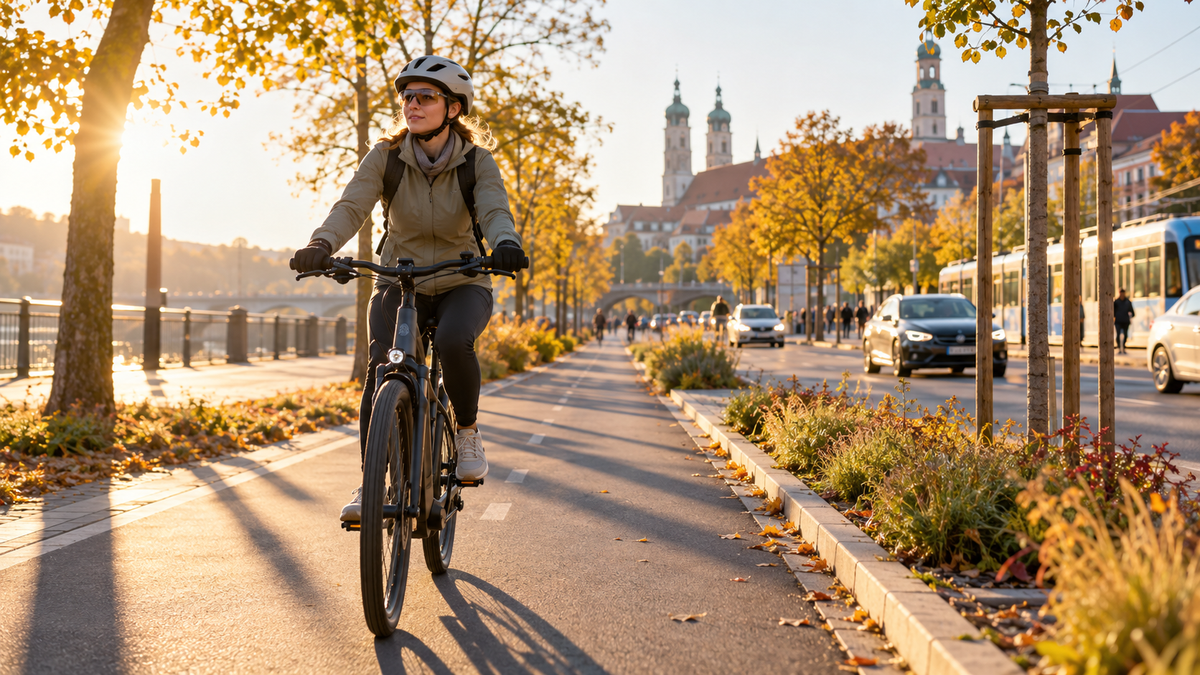 Radfahrerin fährt bei tief stehender Herbstsonne mit großem Abstand