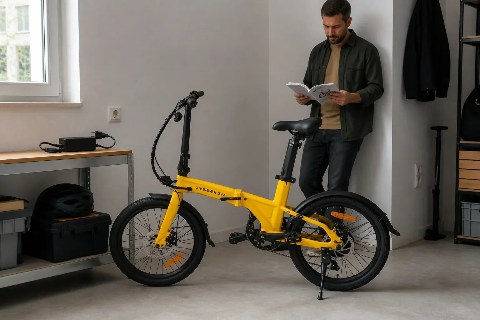 Mann liest das C10-Handbuch neben einem gelben E-Bike und Ladegerät