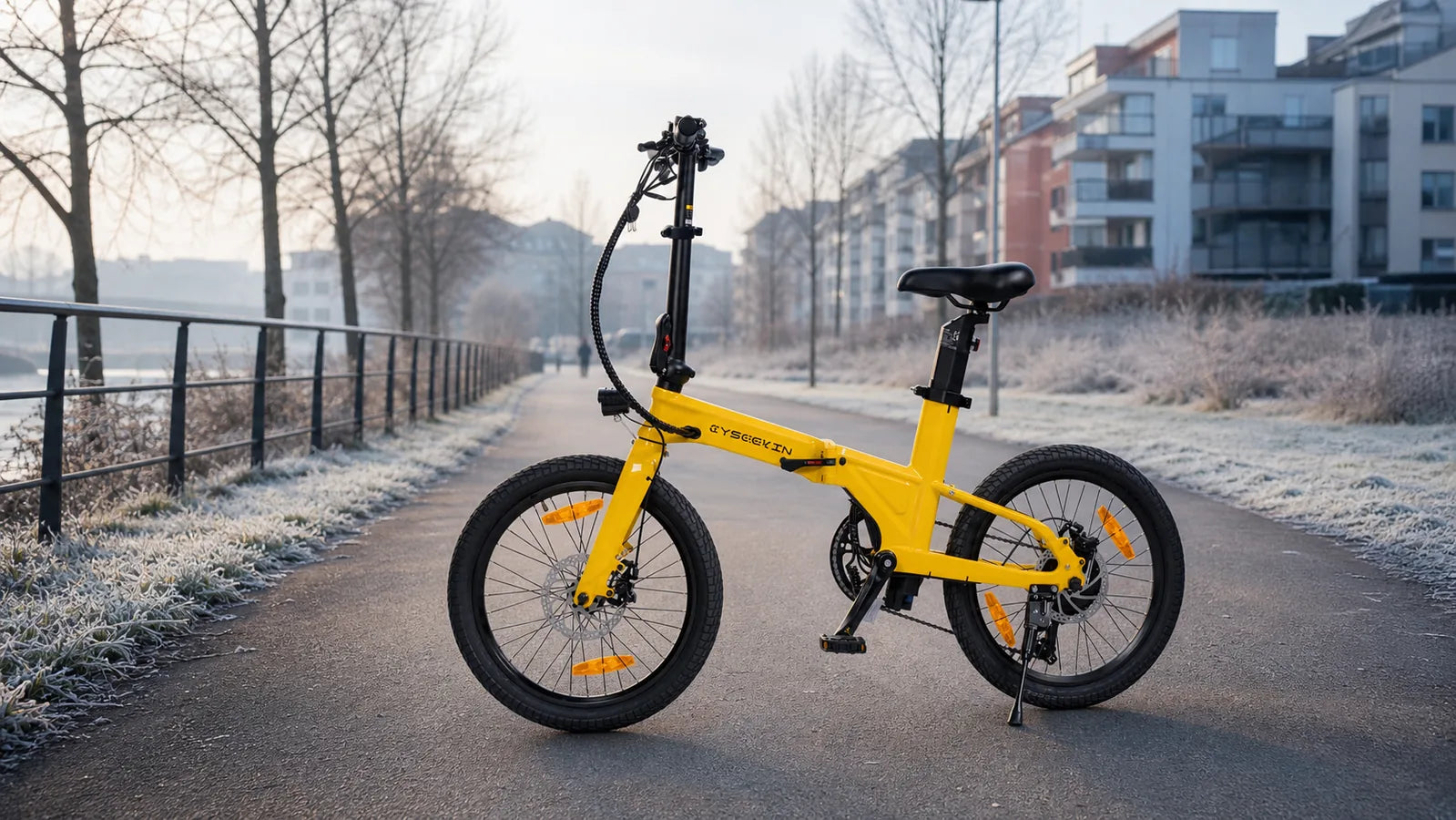 Gelbes Cyseekin C10 auf einem frostigen städtischen Radweg