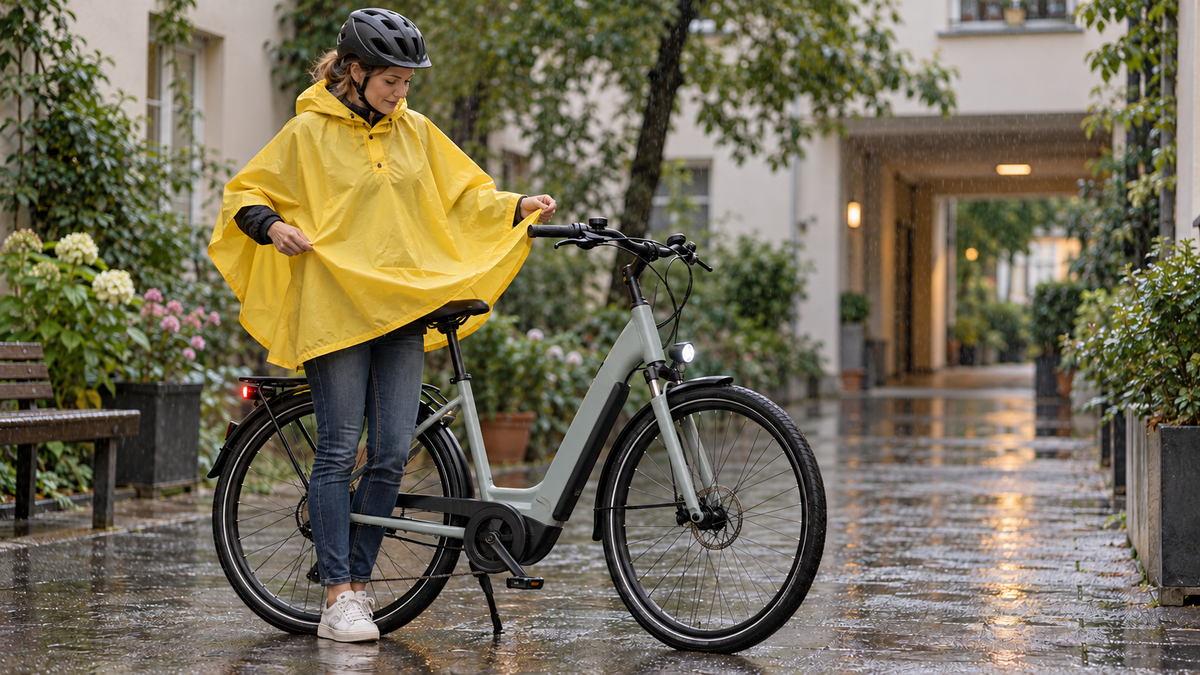 Radfahrerin prüft den Sitz eines Regenponchos neben einem City-E-Bike