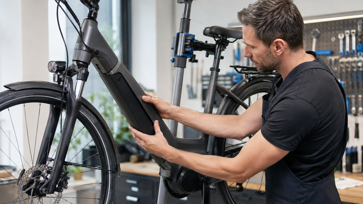 Mechaniker prüft den festen Sitz eines E-Bike-Akkus in der Rahmenhalterung