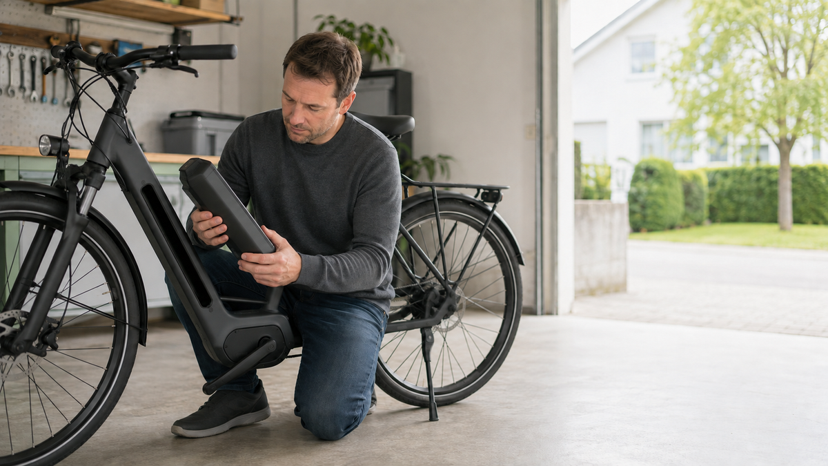 Person prüft einen entnommenen E-Bike-Akku neben der leeren Akkuaufnahme