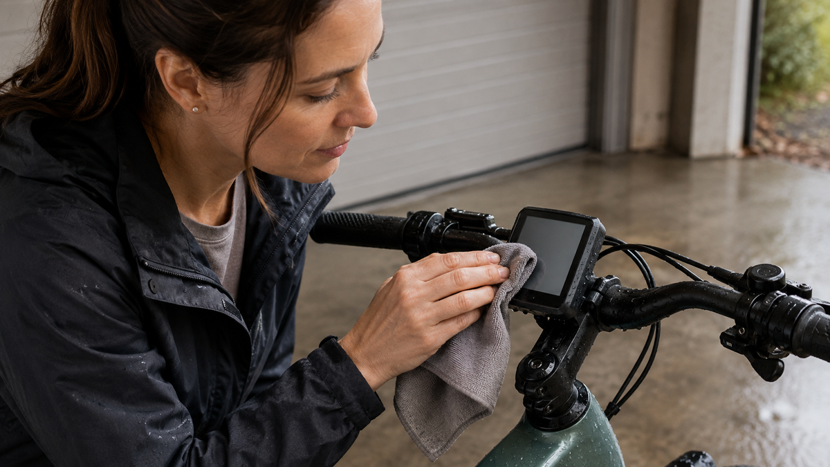Radfahrerin trocknet die Außenseite eines beschlagenen E-Bike-Displays
