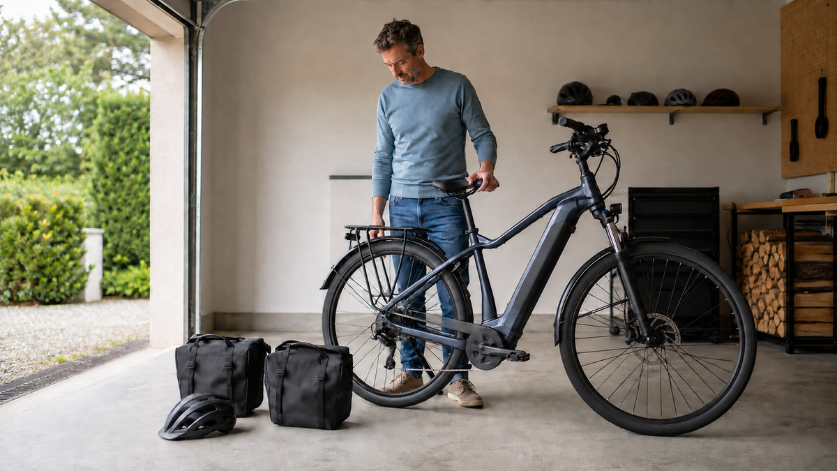 Fahrer, E-Bike und Gepäck stehen für die Gewichtsberechnung bereit