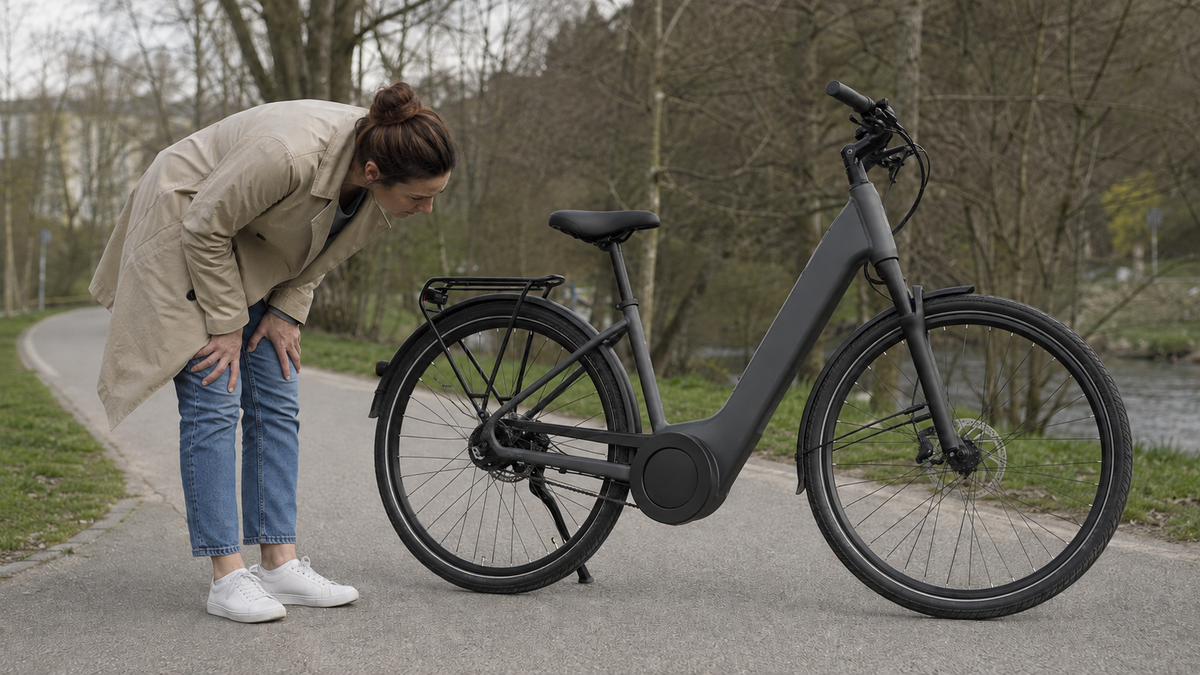 Radfahrerin hört bei einem abgestellten E-Bike nach einem neuen Antriebsgeräusch