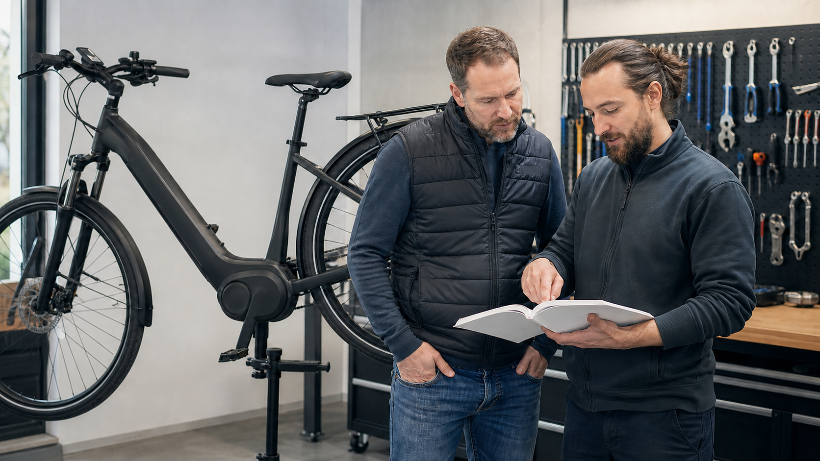 Zwei Personen lesen eine Prüfunterlage neben einem Pedelec mit geschlossenem Motor.