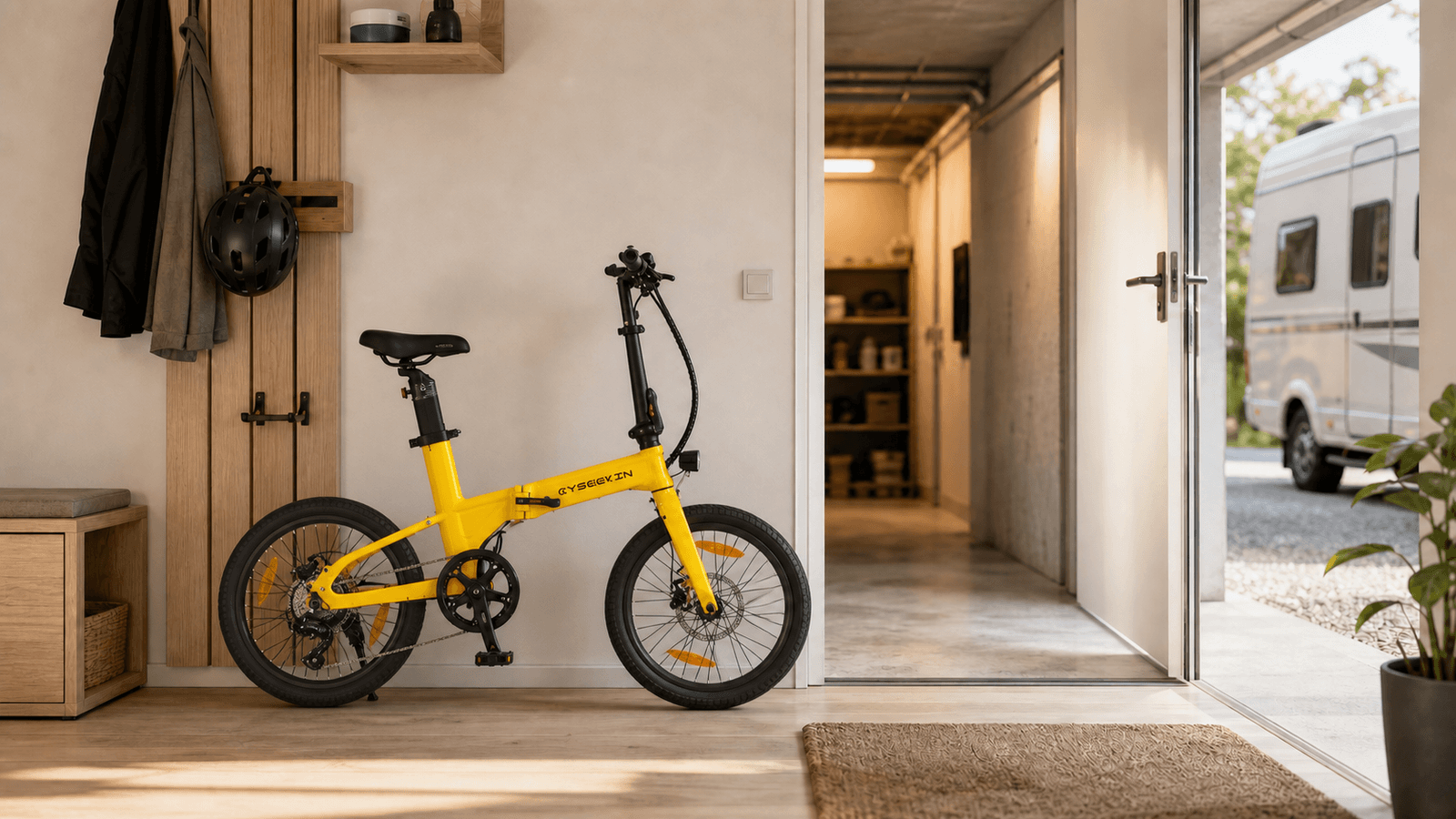 Gelbes Cyseekin C10 Falt-E-Bike platzsparend zwischen Wohnung, Keller und Wohnmobil abgestellt