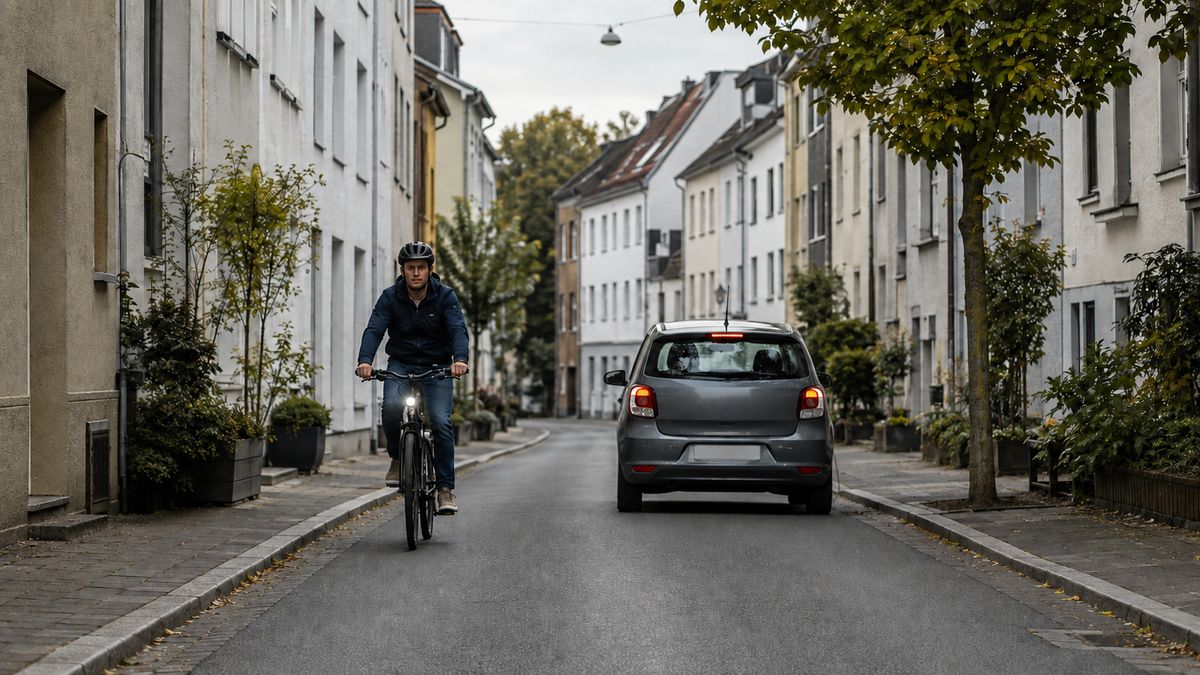 Radfahrende Person und Auto begegnen sich mit Abstand in einer geöffneten Einbahnstraße.