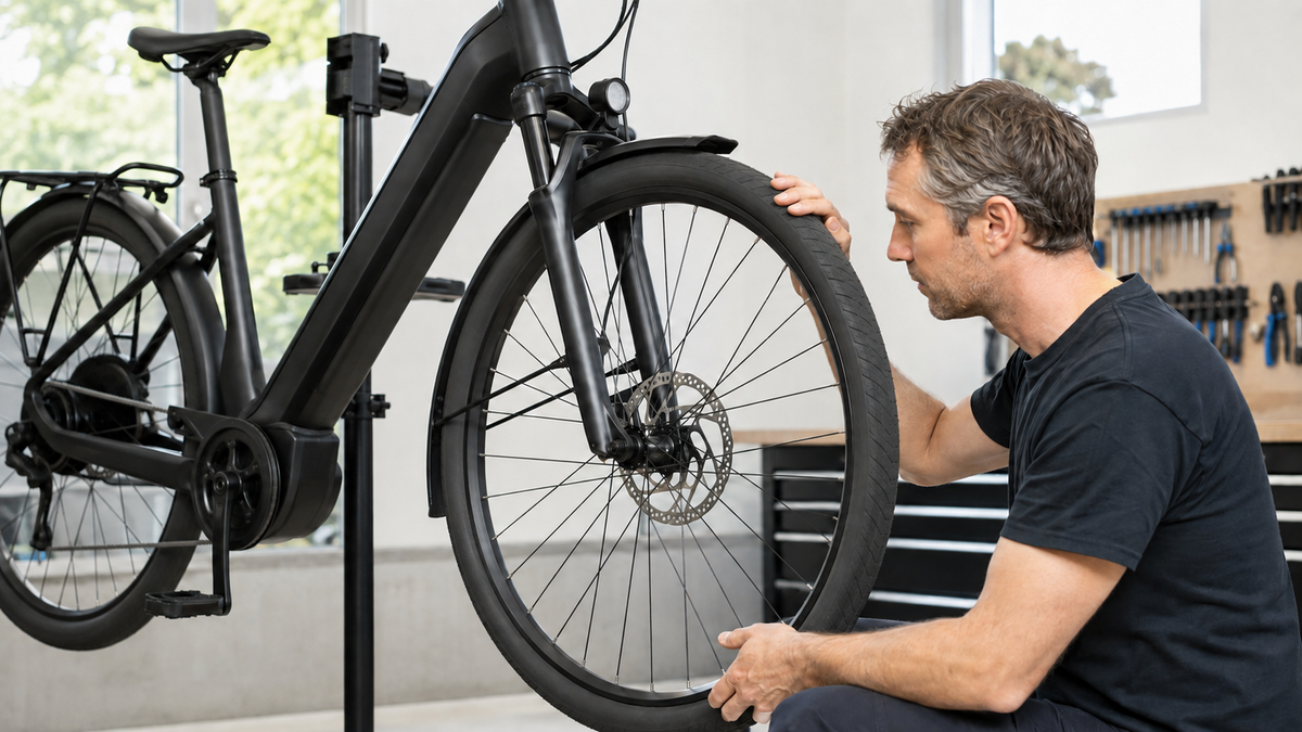 Person prüft den Lauf einer Fahrrad-Bremsscheibe am angehobenen Vorderrad