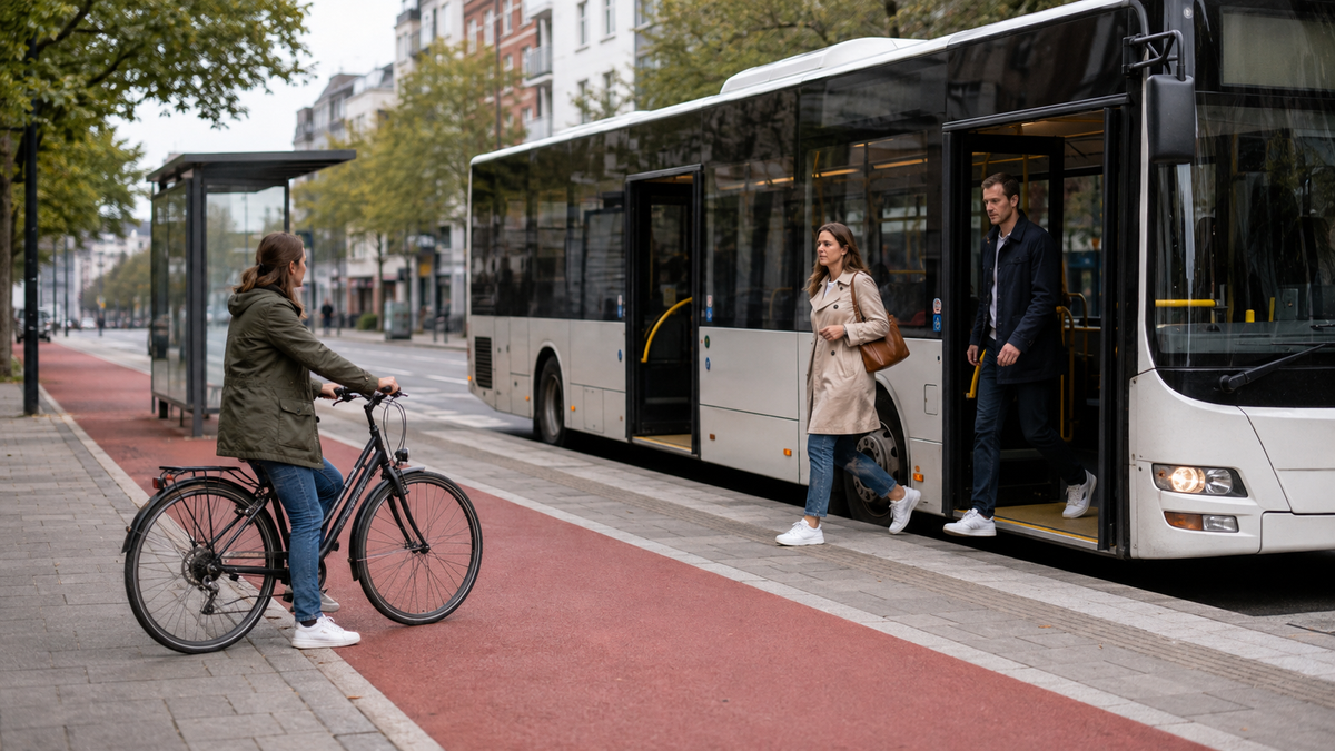 Radfahrerin wartet an einer Haltestelle, während Fahrgäste aus dem Bus steigen