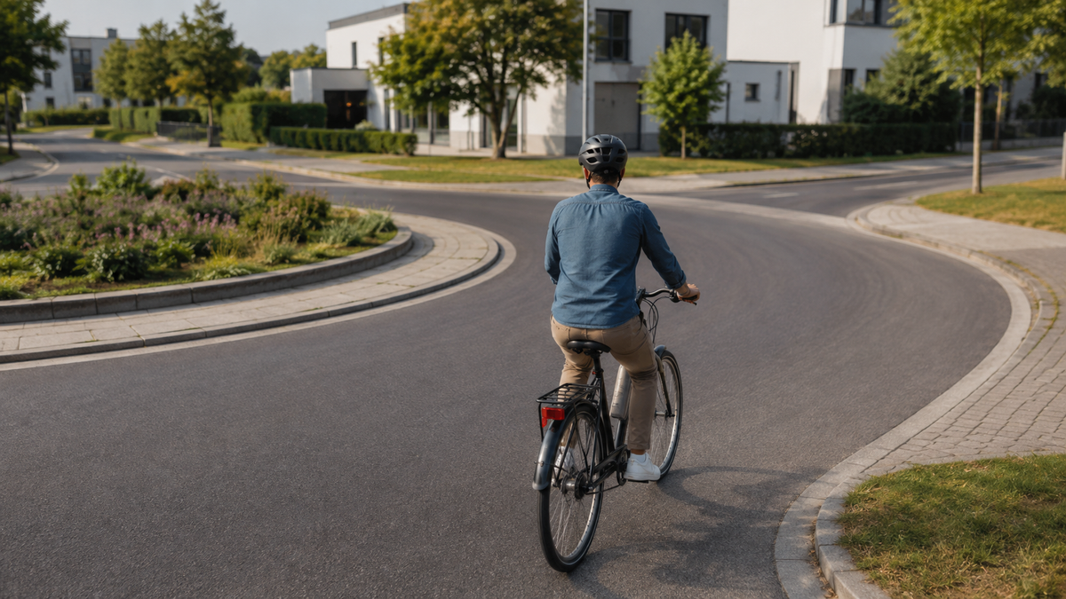 Radfahrer fährt kontrolliert durch einen einspurigen Kreisverkehr