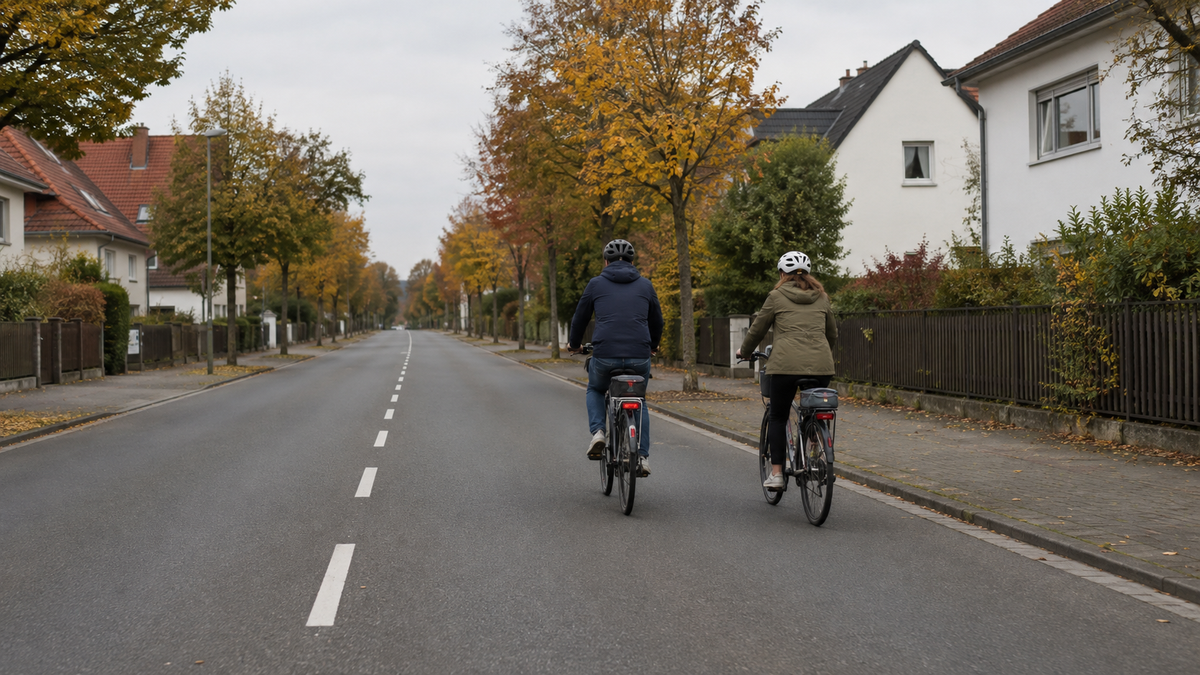 Zwei Radfahrende fahren nebeneinander auf einer breiten übersichtlichen Straße