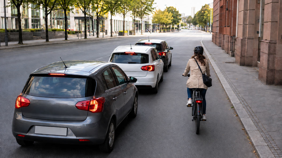 Radfahrerin passiert langsam eine stehende Autokolonne mit ausreichend Raum