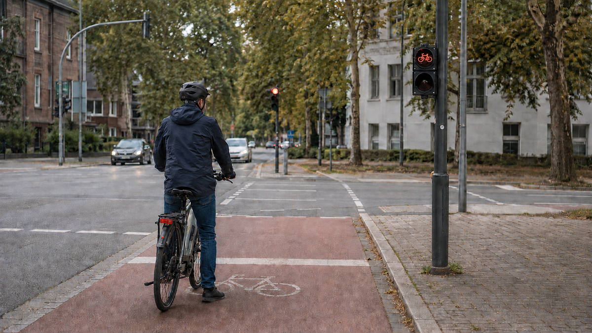 Radfahrende Person wartet vor einer Fahrradampel an der Haltlinie.