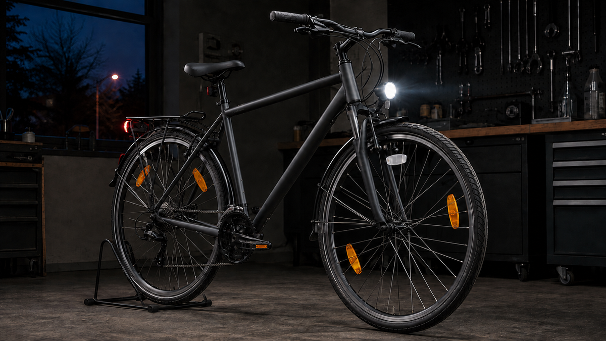 Fahrrad mit weißem Frontlicht, rotem Rücklicht und sichtbaren Reflektoren