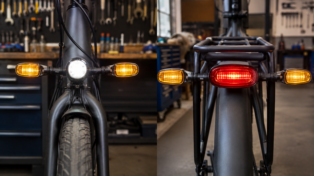Front- und Heckansicht eines Fahrrads mit vier getrennten Fahrtrichtungsanzeigern