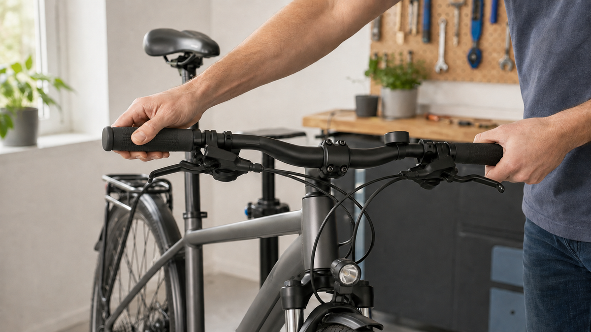Person prüft beide Lenkergriffe an einem stillstehenden Fahrrad auf festen Sitz