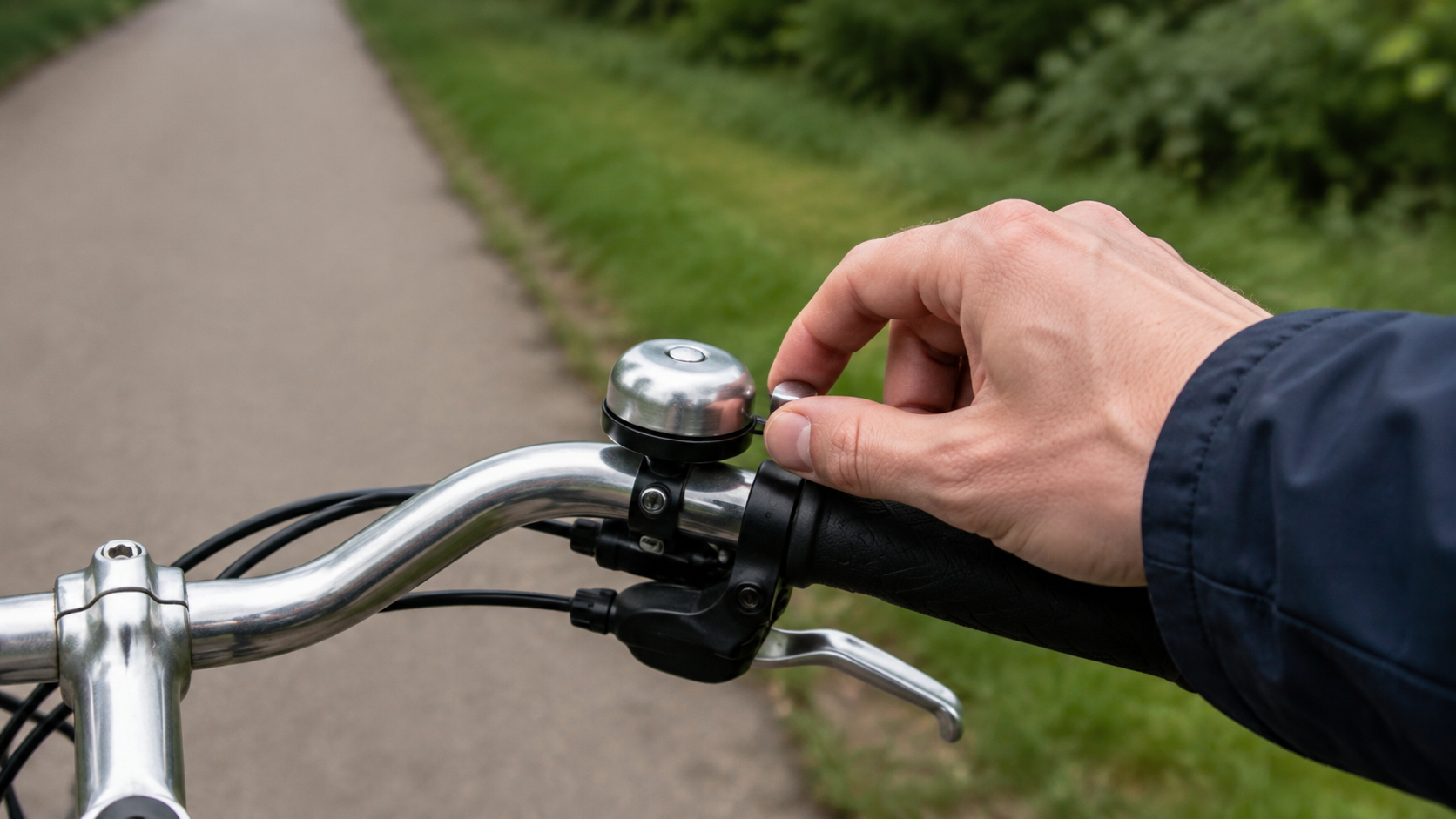 Hand bedient eine schlichte Fahrradklingel neben dem Bremshebel